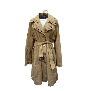 Bradley Bayou Tan Suede Grommet Trench Coat Size Large Edgy Western Maximalist